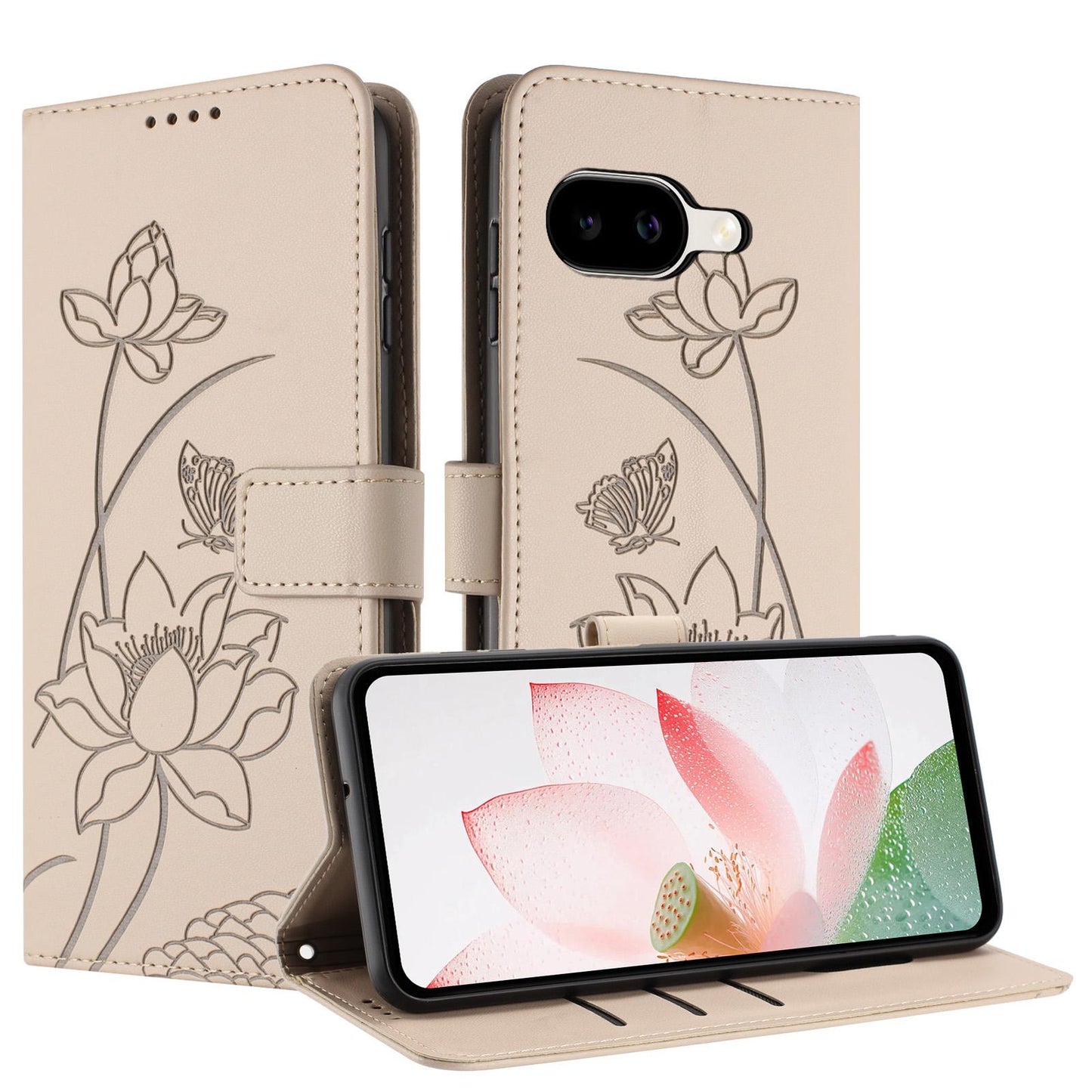 Google Pixel 10a Lotus Embossed PU Leather Wallet Phone Case with Card Holder, Cash Pocket, Magnetic Flip Stand Cover, Wrist Lanyard Strap, Shockproof TPU Protective Folio Case - Purple