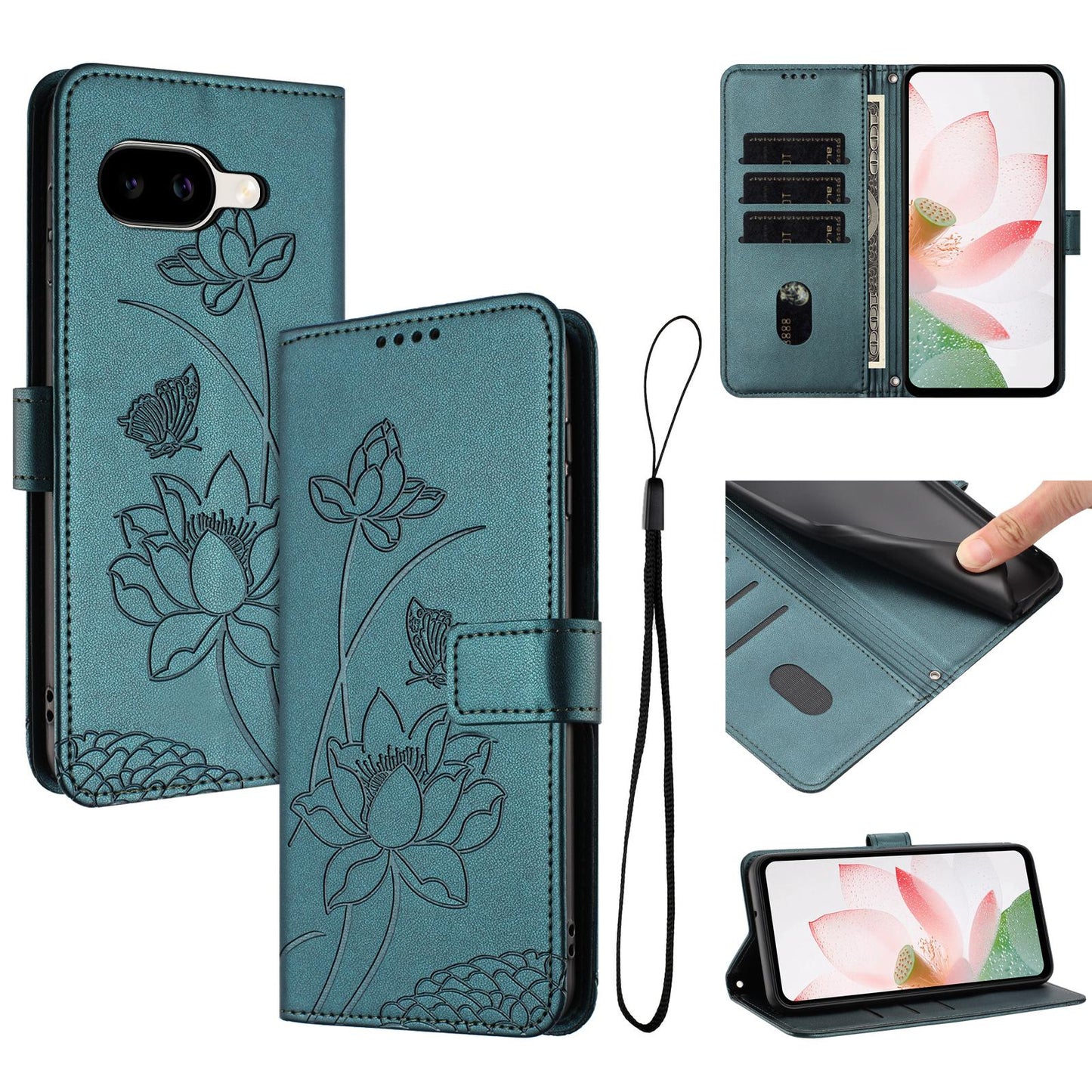 Google Pixel 10a Lotus Embossed PU Leather Wallet Phone Case with Card Holder, Cash Pocket, Magnetic Flip Stand Cover, Wrist Lanyard Strap, Shockproof TPU Protective Folio Case - Purple