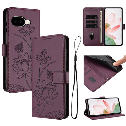 Google Pixel 10a Lotus Embossed PU Leather Wallet Phone Case with Card Holder, Cash Pocket, Magnetic Flip Stand Cover, Wrist Lanyard Strap, Shockproof TPU Protective Folio Case - Purple