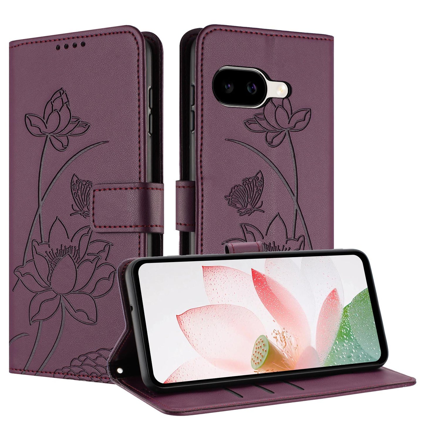 Google Pixel 10a Lotus Embossed PU Leather Wallet Phone Case with Card Holder, Cash Pocket, Magnetic Flip Stand Cover, Wrist Lanyard Strap, Shockproof TPU Protective Folio Case - Purple