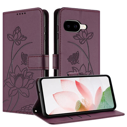 Google Pixel 10a Lotus Embossed PU Leather Wallet Phone Case with Card Holder, Cash Pocket, Magnetic Flip Stand Cover, Wrist Lanyard Strap, Shockproof TPU Protective Folio Case - Purple