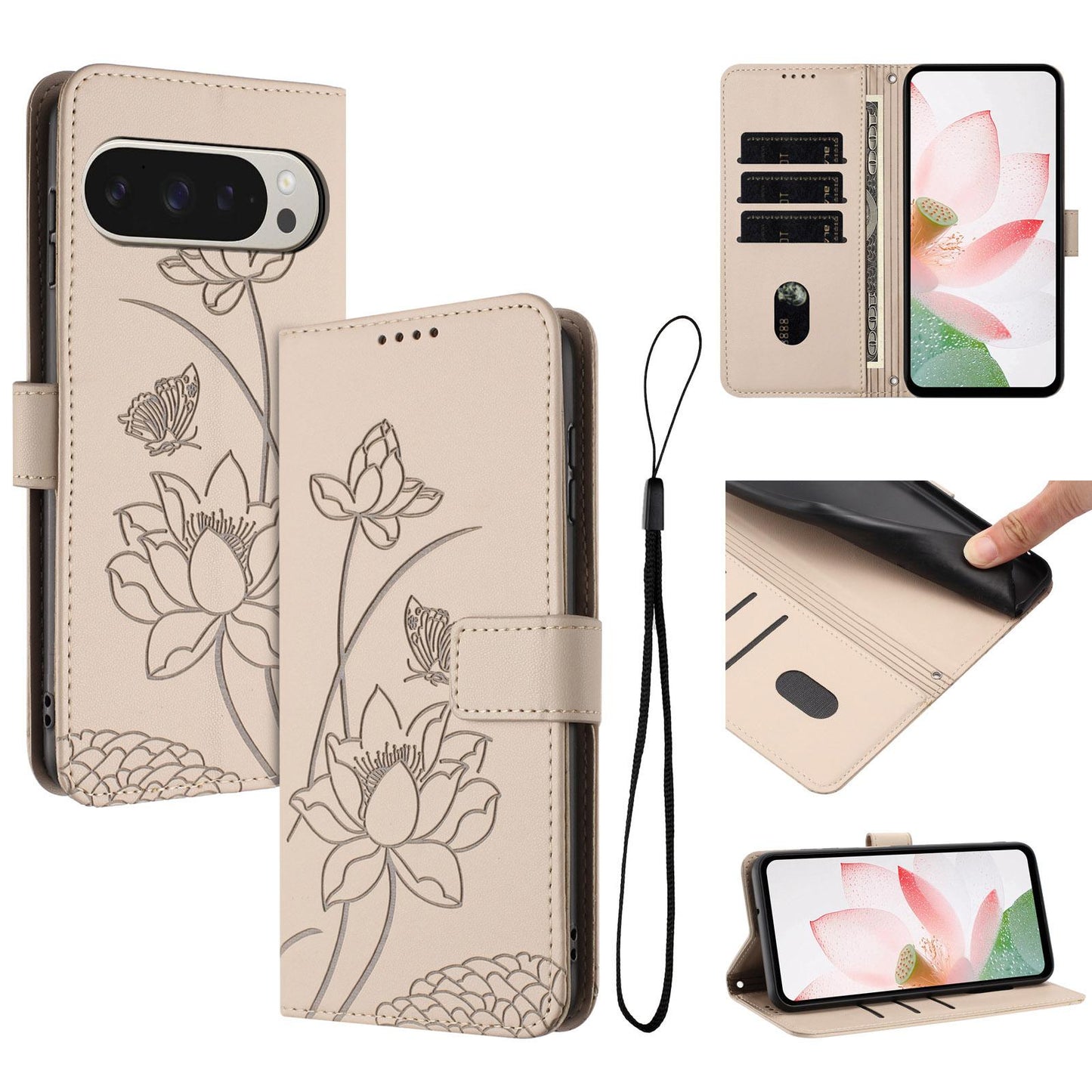Google Pixel 11 Pro XL Lotus Embossed PU Leather Wallet Phone Case with Card Holder, Cash Pocket, Magnetic Flip Stand Cover, Wrist Lanyard Strap, Shockproof TPU Protective Folio Case - Purple