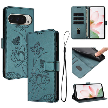 Google Pixel 11 Pro XL Lotus Embossed PU Leather Wallet Phone Case with Card Holder, Cash Pocket, Magnetic Flip Stand Cover, Wrist Lanyard Strap, Shockproof TPU Protective Folio Case - Purple