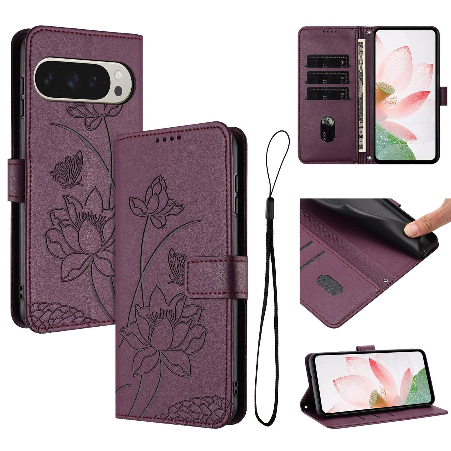 Google Pixel 11 Pro XL Lotus Embossed PU Leather Wallet Phone Case with Card Holder, Cash Pocket, Magnetic Flip Stand Cover, Wrist Lanyard Strap, Shockproof TPU Protective Folio Case - Purple