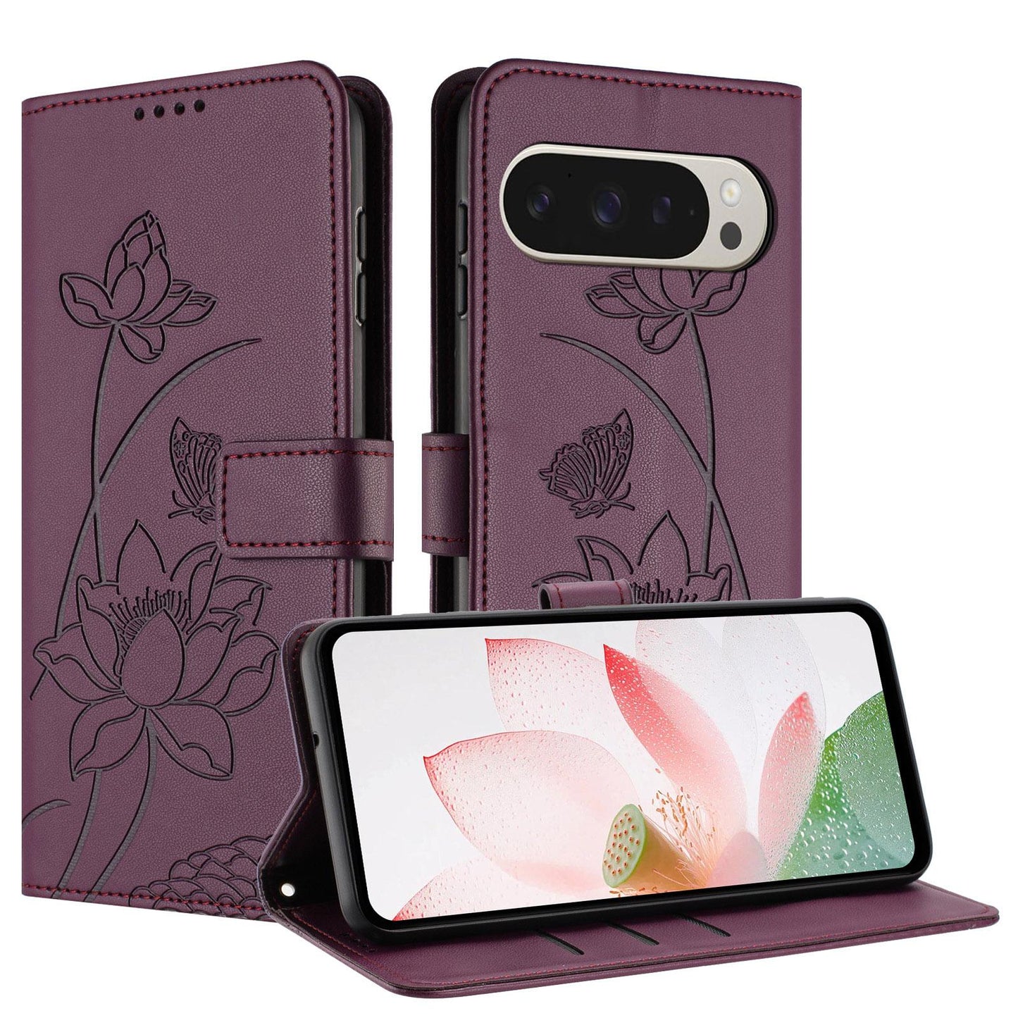 Google Pixel 11 Pro XL Lotus Embossed PU Leather Wallet Phone Case with Card Holder, Cash Pocket, Magnetic Flip Stand Cover, Wrist Lanyard Strap, Shockproof TPU Protective Folio Case - Purple