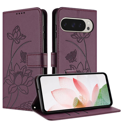 Google Pixel 11 Pro XL Lotus Embossed PU Leather Wallet Phone Case with Card Holder, Cash Pocket, Magnetic Flip Stand Cover, Wrist Lanyard Strap, Shockproof TPU Protective Folio Case - Purple