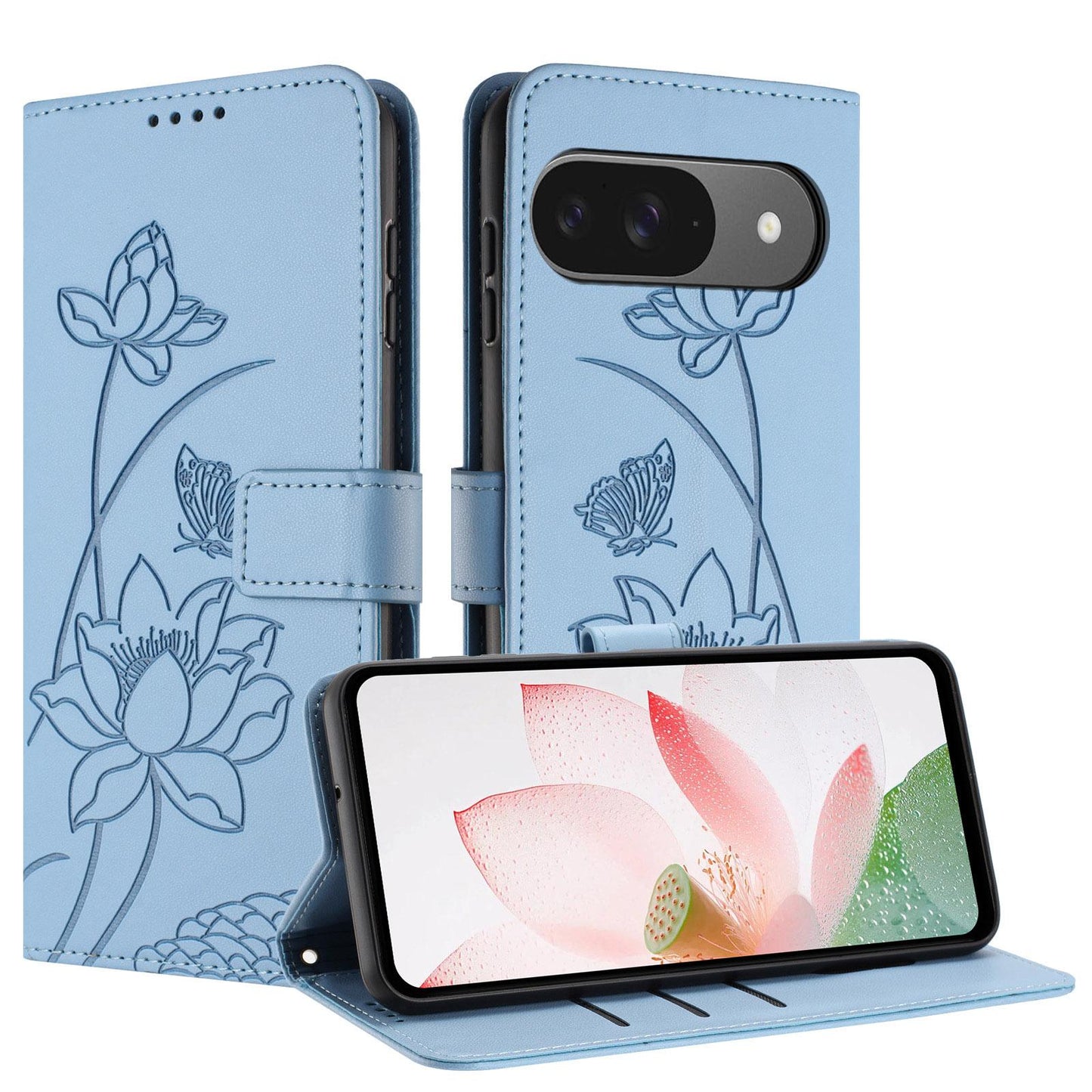 Google Pixel 11 Lotus Embossed PU Leather Wallet Phone Case with Card Holder, Cash Pocket, Magnetic Flip Stand Cover, Wrist Lanyard Strap, Shockproof TPU Protective Folio Case - Purple
