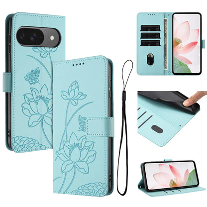 Google Pixel 11 Lotus Embossed PU Leather Wallet Phone Case with Card Holder, Cash Pocket, Magnetic Flip Stand Cover, Wrist Lanyard Strap, Shockproof TPU Protective Folio Case - Purple
