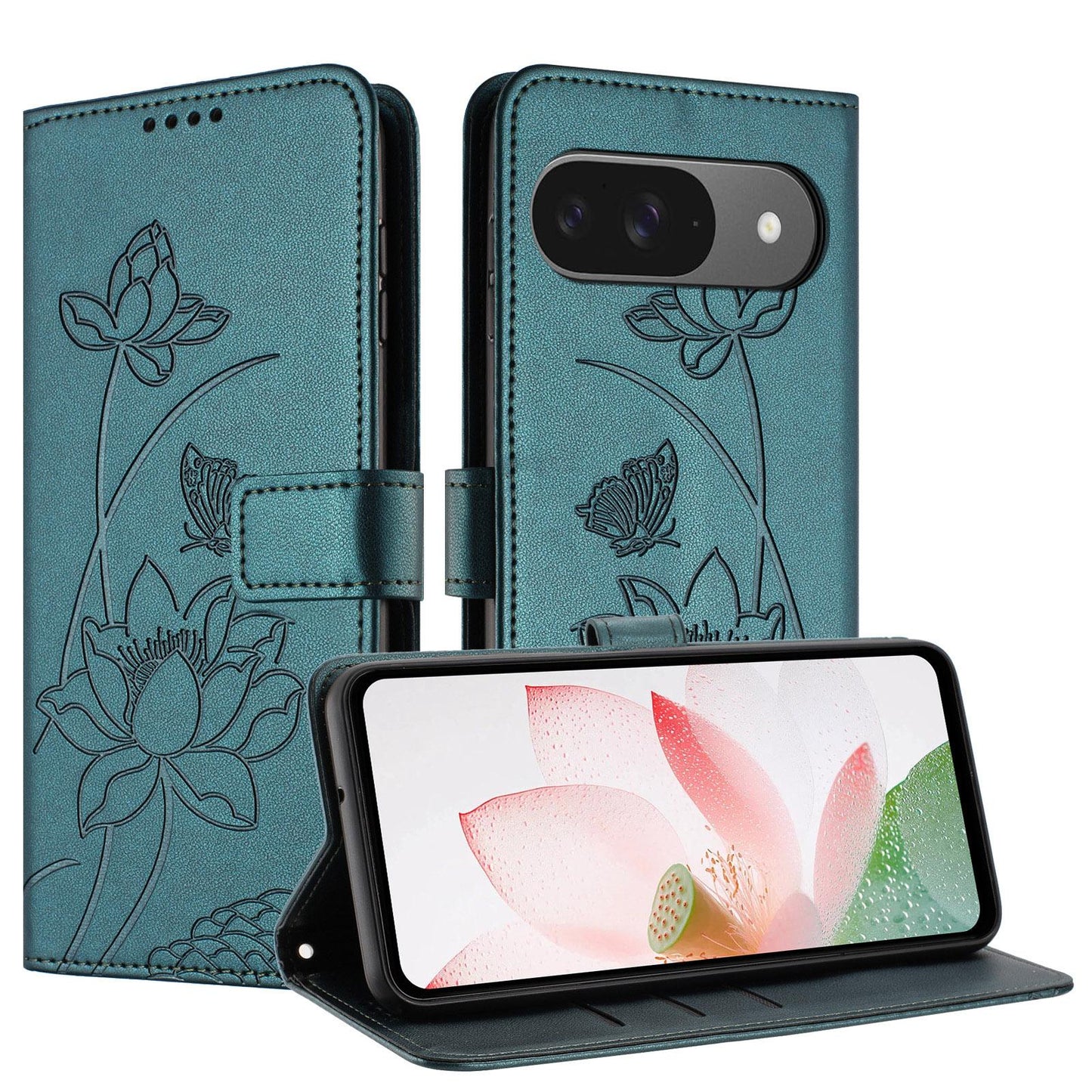 Google Pixel 11 Pro Lotus Embossed PU Leather Wallet Phone Case with Card Holder, Cash Pocket, Magnetic Flip Stand Cover, Wrist Lanyard Strap, Shockproof TPU Protective Folio Case - Purple