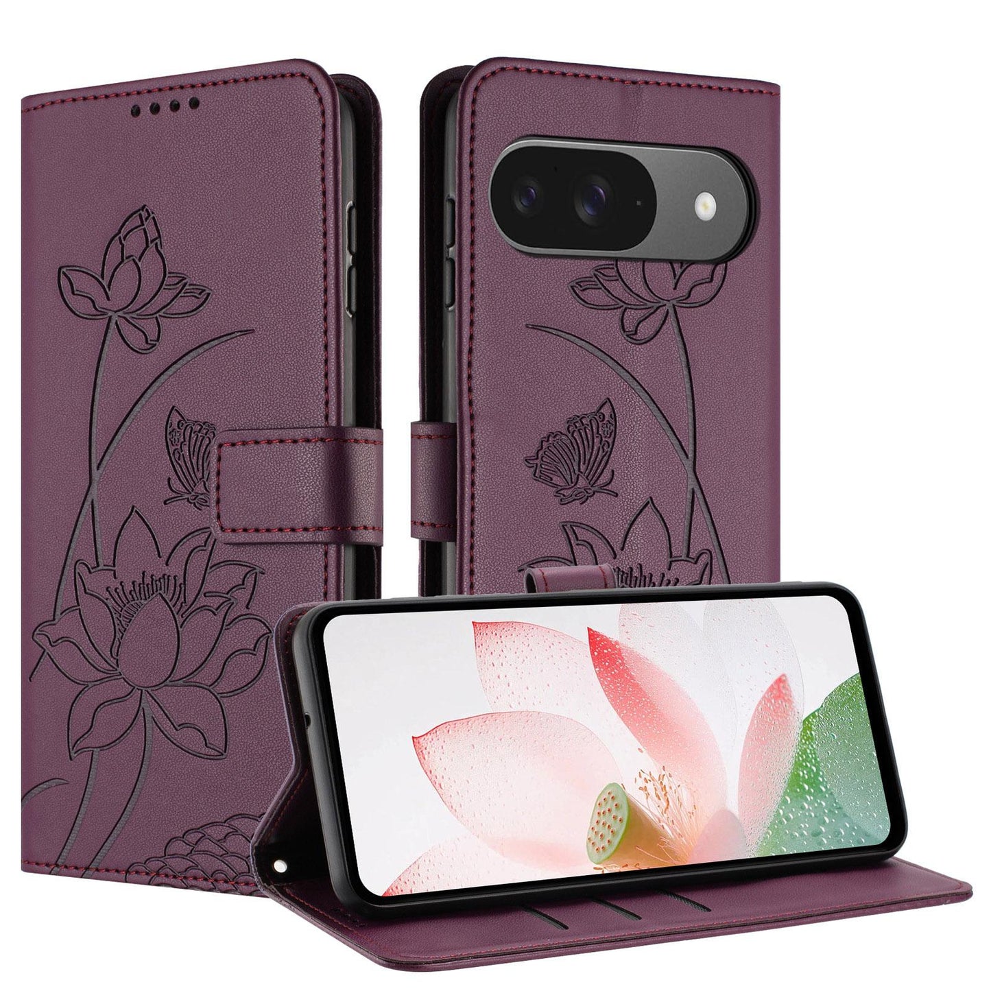 Google Pixel 11 Pro Lotus Embossed PU Leather Wallet Phone Case with Card Holder, Cash Pocket, Magnetic Flip Stand Cover, Wrist Lanyard Strap, Shockproof TPU Protective Folio Case - Purple