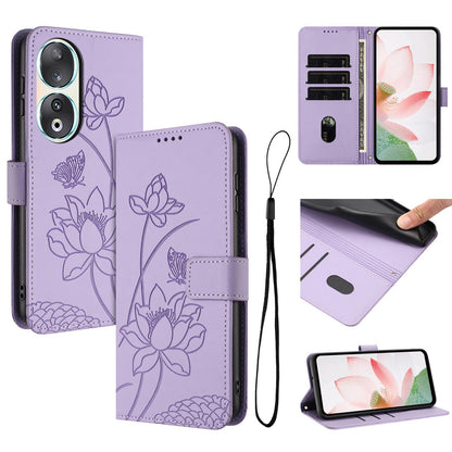 Honor 90 Lotus Embossed PU Leather Wallet Phone Case with Card Holder, Cash Pocket, Magnetic Flip Stand Cover, Wrist Lanyard Strap, Shockproof TPU Protective Folio Case - Purple