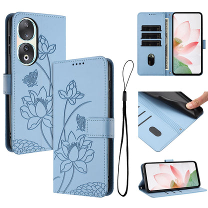 Honor 90 Lotus Embossed PU Leather Wallet Phone Case with Card Holder, Cash Pocket, Magnetic Flip Stand Cover, Wrist Lanyard Strap, Shockproof TPU Protective Folio Case - Purple