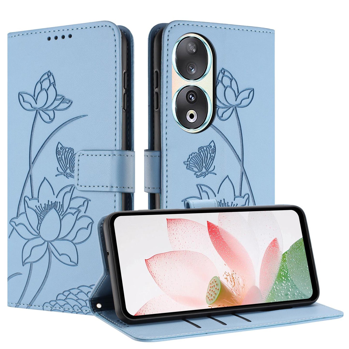Honor 90 Lotus Embossed PU Leather Wallet Phone Case with Card Holder, Cash Pocket, Magnetic Flip Stand Cover, Wrist Lanyard Strap, Shockproof TPU Protective Folio Case - Purple