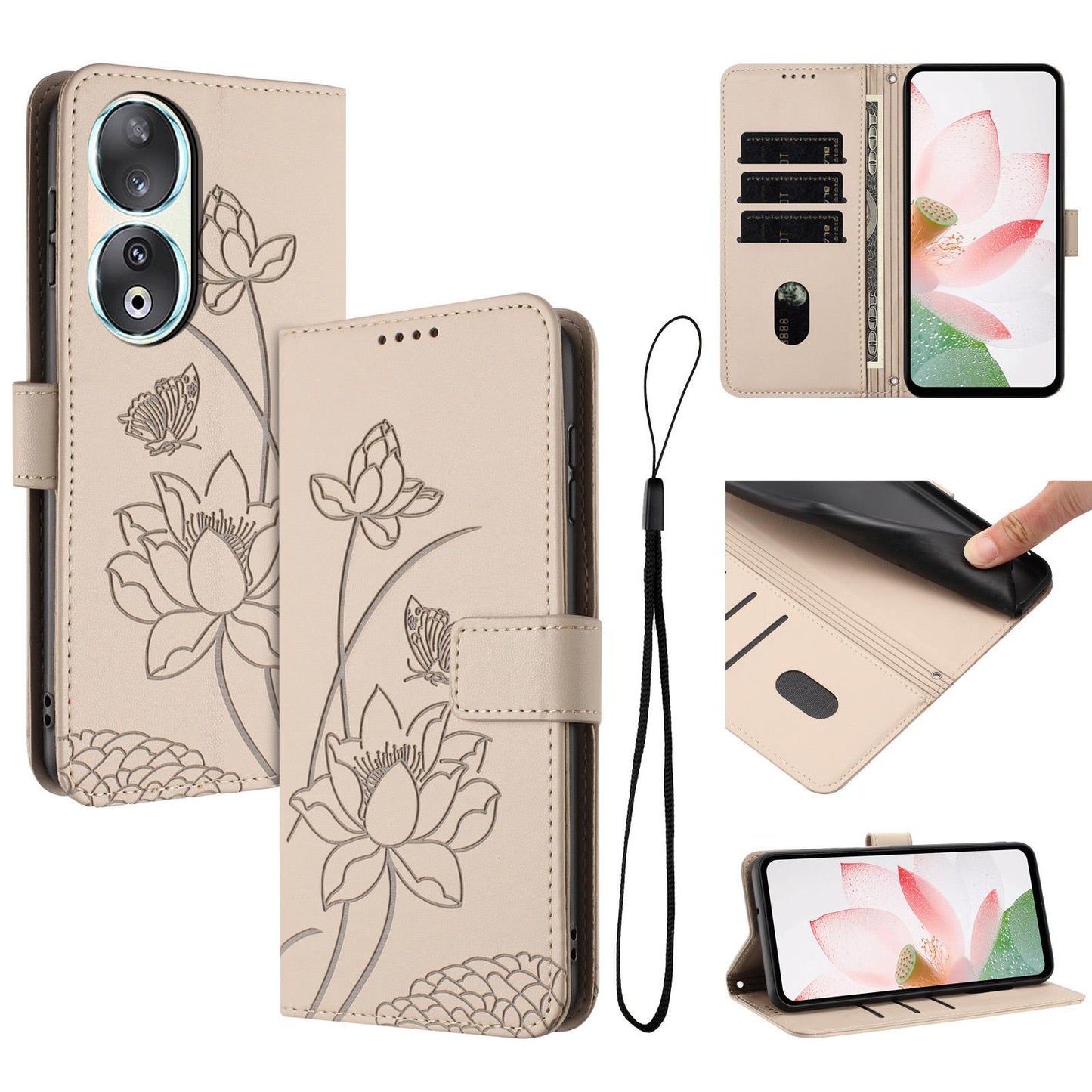Honor 90 Lotus Embossed PU Leather Wallet Phone Case with Card Holder, Cash Pocket, Magnetic Flip Stand Cover, Wrist Lanyard Strap, Shockproof TPU Protective Folio Case - Purple