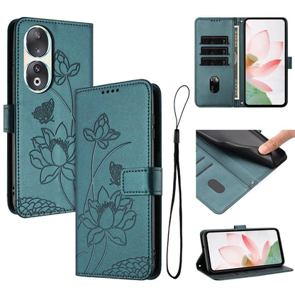 Honor 90 Lotus Embossed PU Leather Wallet Phone Case with Card Holder, Cash Pocket, Magnetic Flip Stand Cover, Wrist Lanyard Strap, Shockproof TPU Protective Folio Case - Purple