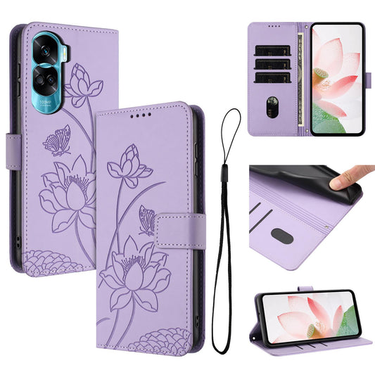 Honor 90 Lite Lotus Embossed PU Leather Wallet Phone Case with Card Holder, Cash Pocket, Magnetic Flip Stand Cover, Wrist Lanyard Strap, Shockproof TPU Protective Folio Case - Purple