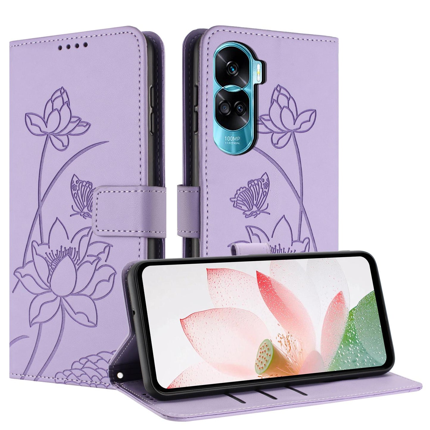 Honor 90 Lite Lotus Embossed PU Leather Wallet Phone Case with Card Holder, Cash Pocket, Magnetic Flip Stand Cover, Wrist Lanyard Strap, Shockproof TPU Protective Folio Case - Purple