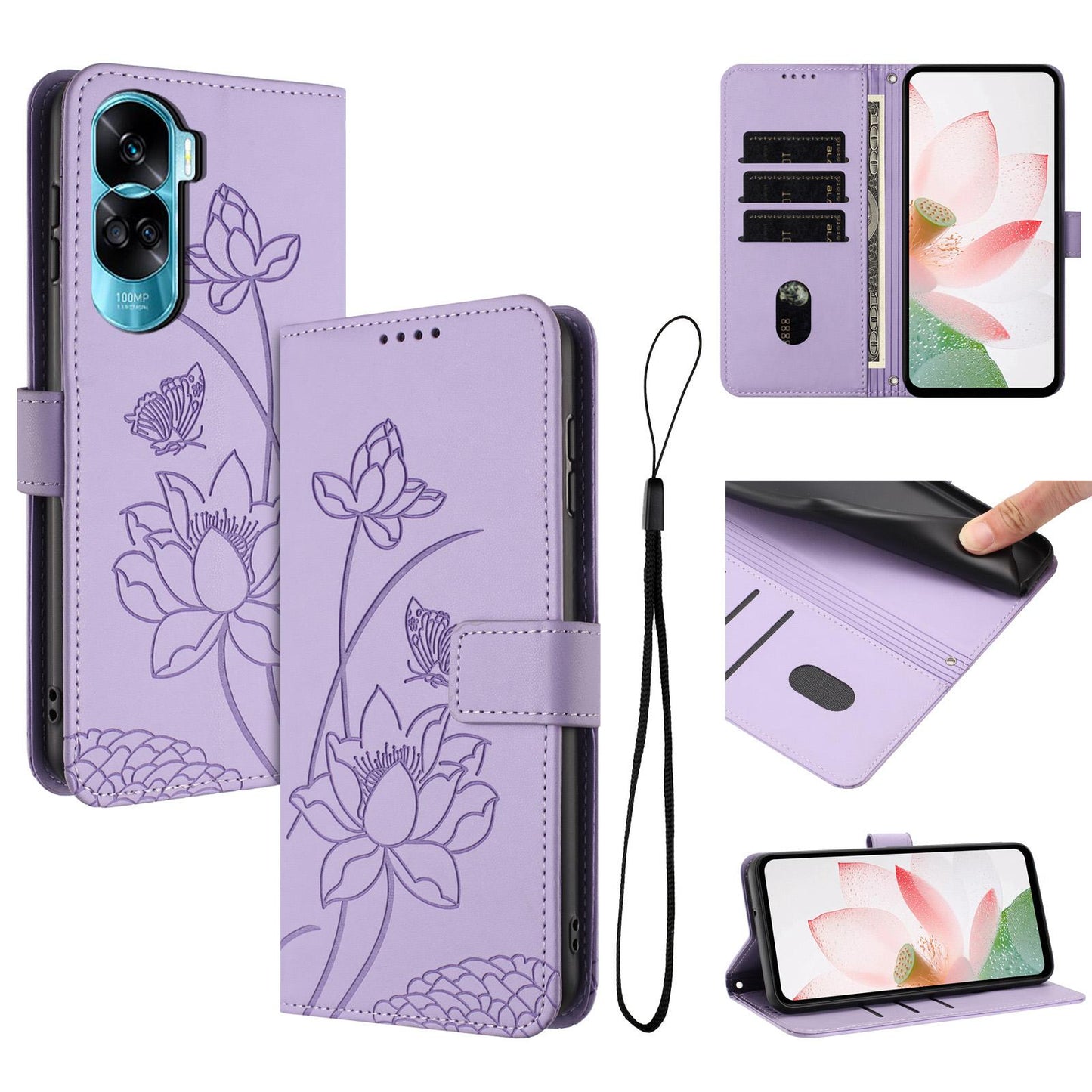 Honor X50i Lotus Embossed PU Leather Wallet Phone Case with Card Holder, Cash Pocket, Magnetic Flip Stand Cover, Wrist Lanyard Strap, Shockproof TPU Protective Folio Case - Purple