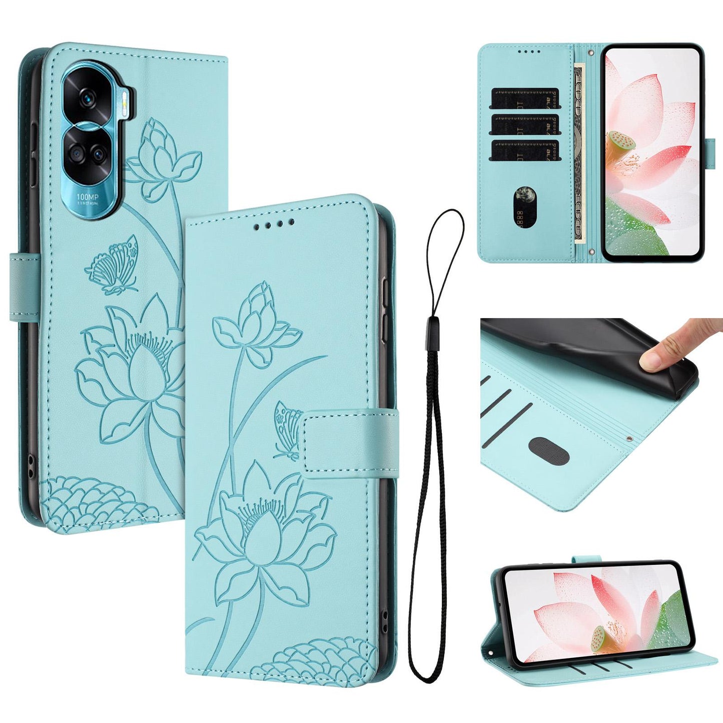 Honor X50i Lotus Embossed PU Leather Wallet Phone Case with Card Holder, Cash Pocket, Magnetic Flip Stand Cover, Wrist Lanyard Strap, Shockproof TPU Protective Folio Case - Purple