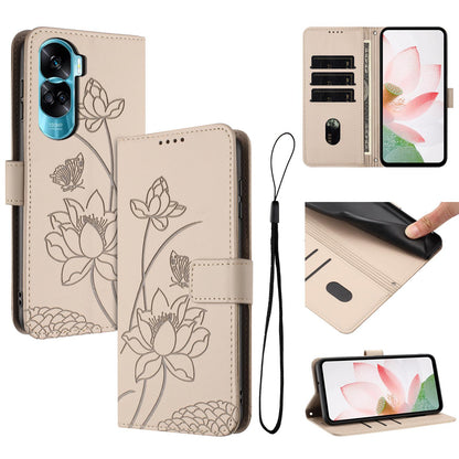 Honor 90 Lite Lotus Embossed PU Leather Wallet Phone Case with Card Holder, Cash Pocket, Magnetic Flip Stand Cover, Wrist Lanyard Strap, Shockproof TPU Protective Folio Case - Purple