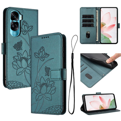 Honor 90 Lite Lotus Embossed PU Leather Wallet Phone Case with Card Holder, Cash Pocket, Magnetic Flip Stand Cover, Wrist Lanyard Strap, Shockproof TPU Protective Folio Case - Purple