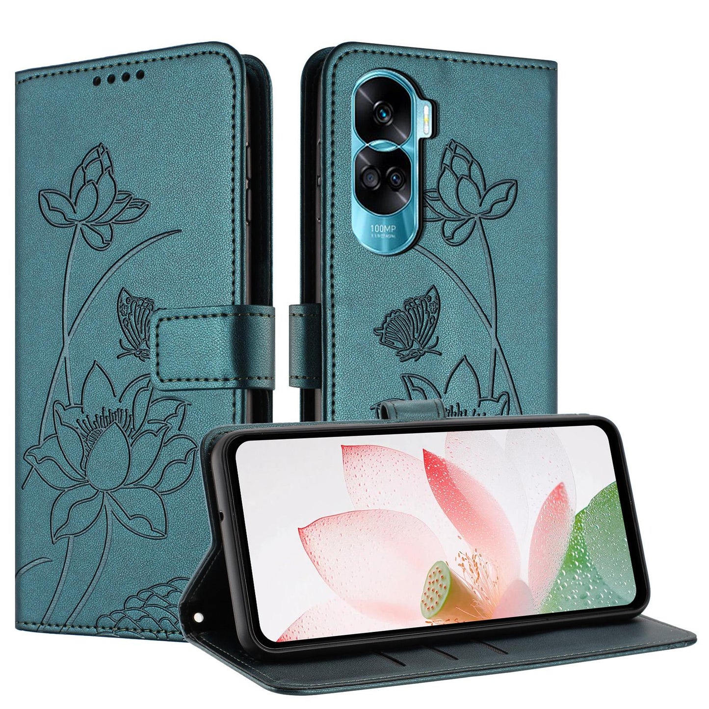 Honor X50i Lotus Embossed PU Leather Wallet Phone Case with Card Holder, Cash Pocket, Magnetic Flip Stand Cover, Wrist Lanyard Strap, Shockproof TPU Protective Folio Case - Purple