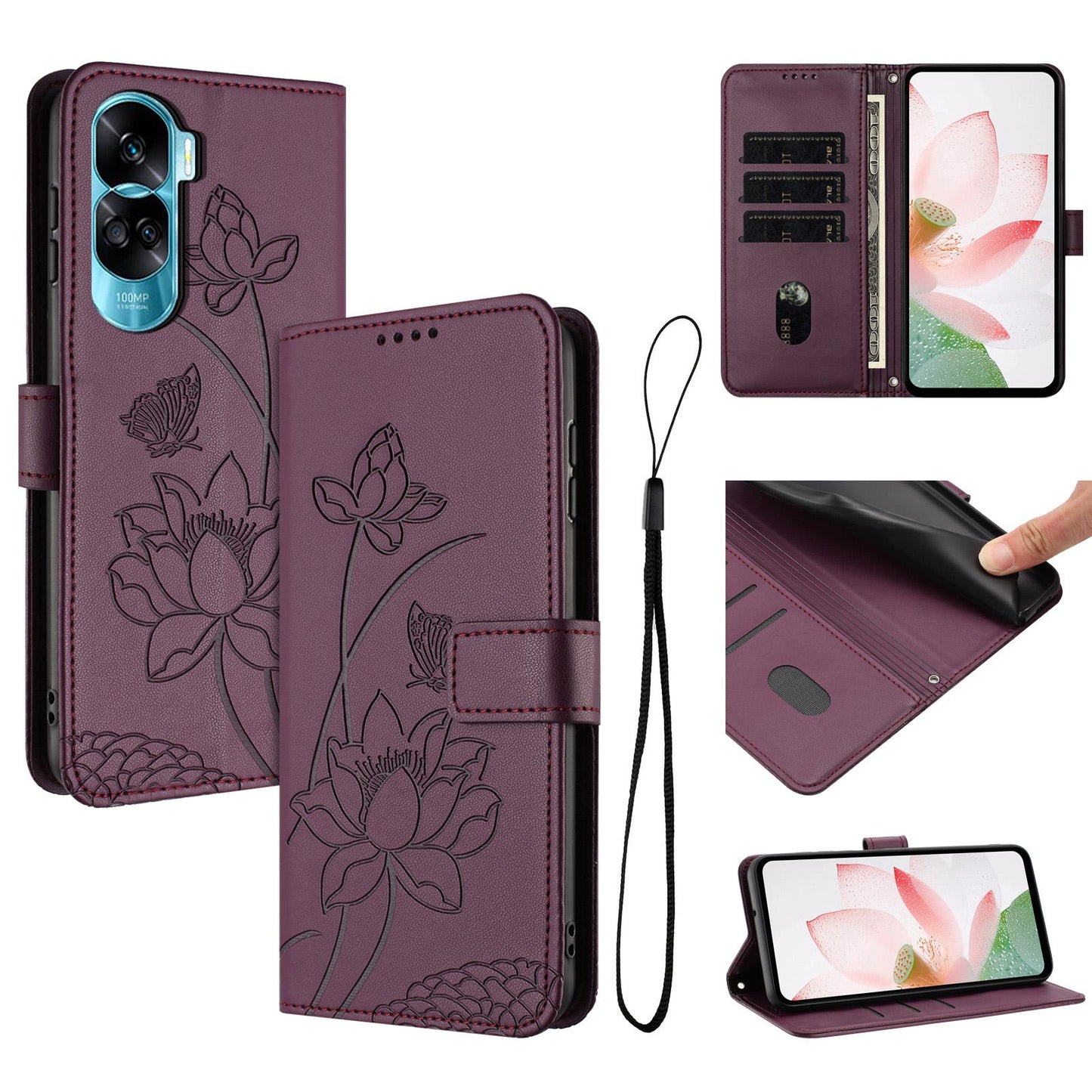 Honor 90 Lite Lotus Embossed PU Leather Wallet Phone Case with Card Holder, Cash Pocket, Magnetic Flip Stand Cover, Wrist Lanyard Strap, Shockproof TPU Protective Folio Case - Purple