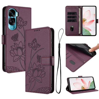 Honor 90 Lite Lotus Embossed PU Leather Wallet Phone Case with Card Holder, Cash Pocket, Magnetic Flip Stand Cover, Wrist Lanyard Strap, Shockproof TPU Protective Folio Case - Purple
