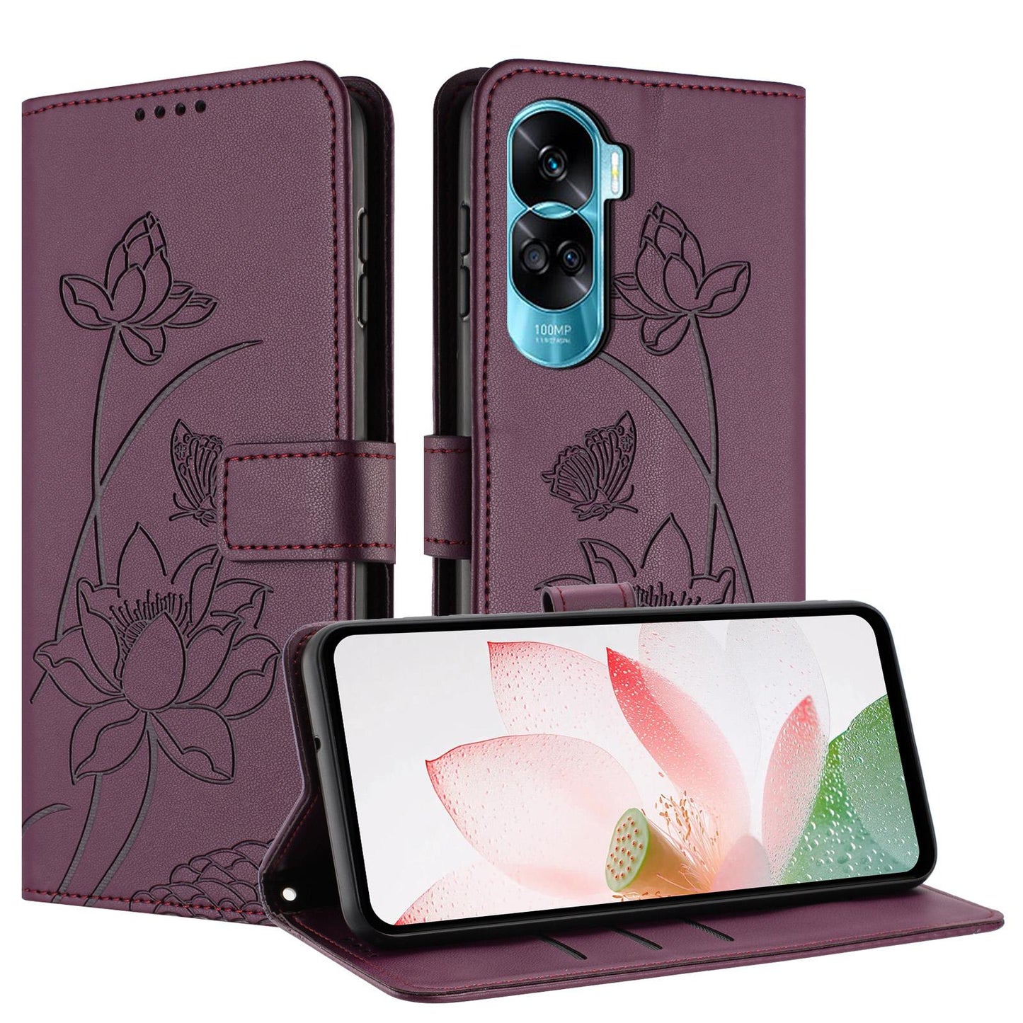 Honor 90 Lite Lotus Embossed PU Leather Wallet Phone Case with Card Holder, Cash Pocket, Magnetic Flip Stand Cover, Wrist Lanyard Strap, Shockproof TPU Protective Folio Case - Purple