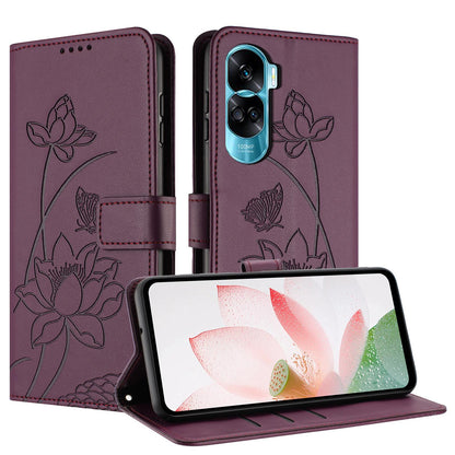 Honor X50i Lotus Embossed PU Leather Wallet Phone Case with Card Holder, Cash Pocket, Magnetic Flip Stand Cover, Wrist Lanyard Strap, Shockproof TPU Protective Folio Case - Purple