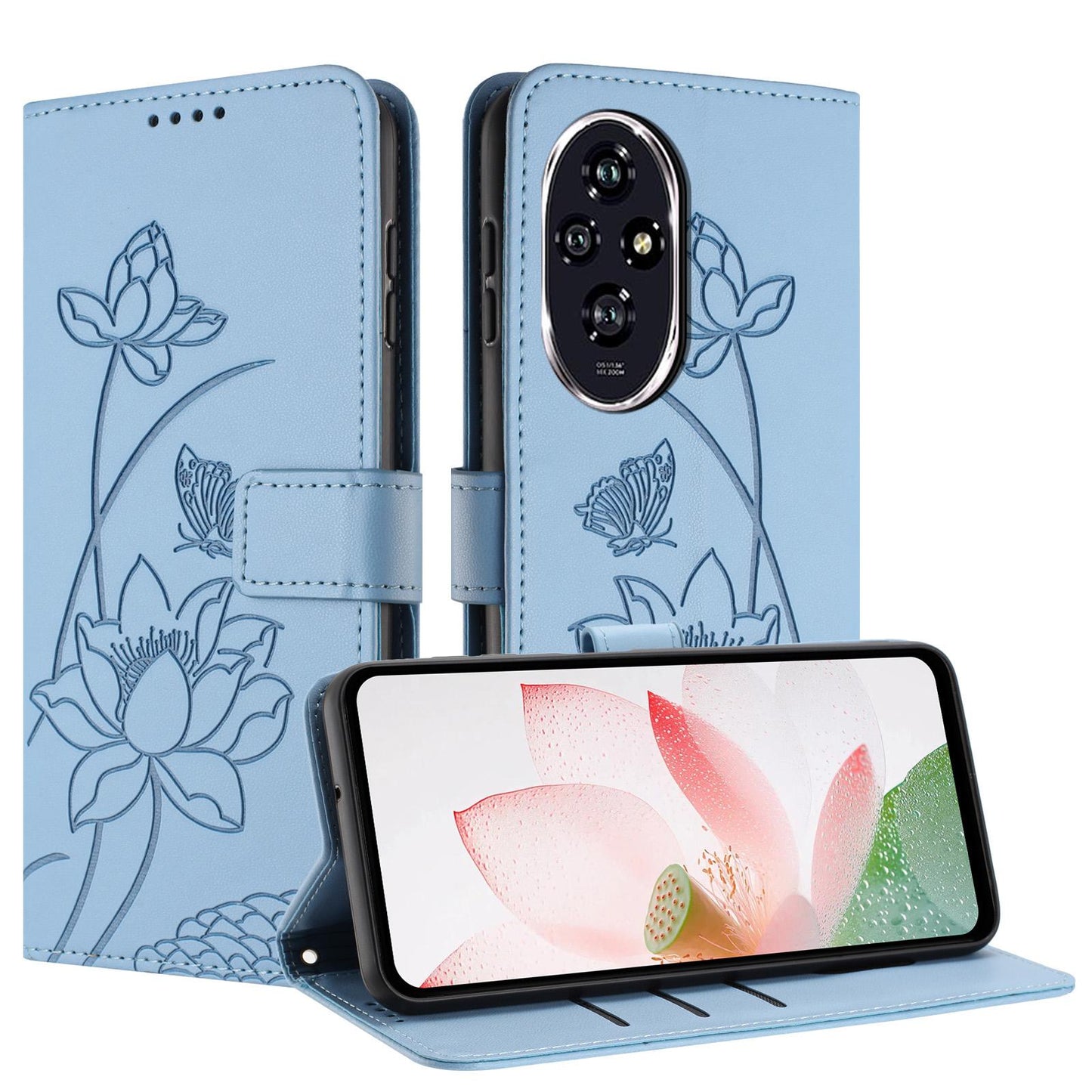 Honor 200 Lotus Embossed PU Leather Wallet Phone Case with Card Holder, Cash Pocket, Magnetic Flip Stand Cover, Wrist Lanyard Strap, Shockproof TPU Protective Folio Case - Purple