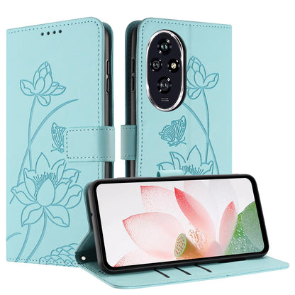 Honor 200 Lotus Embossed PU Leather Wallet Phone Case with Card Holder, Cash Pocket, Magnetic Flip Stand Cover, Wrist Lanyard Strap, Shockproof TPU Protective Folio Case - Purple
