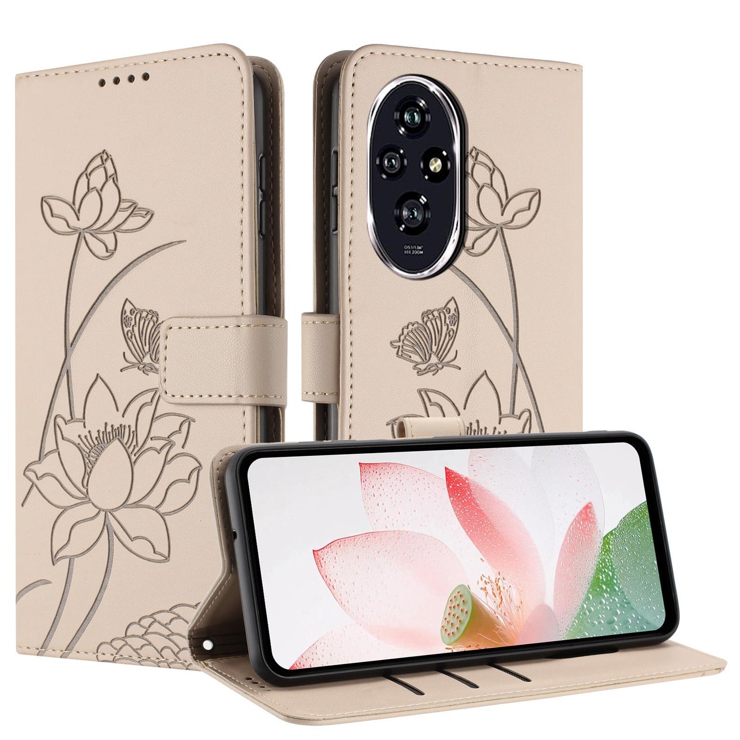 Honor 200 Lotus Embossed PU Leather Wallet Phone Case with Card Holder, Cash Pocket, Magnetic Flip Stand Cover, Wrist Lanyard Strap, Shockproof TPU Protective Folio Case - Purple