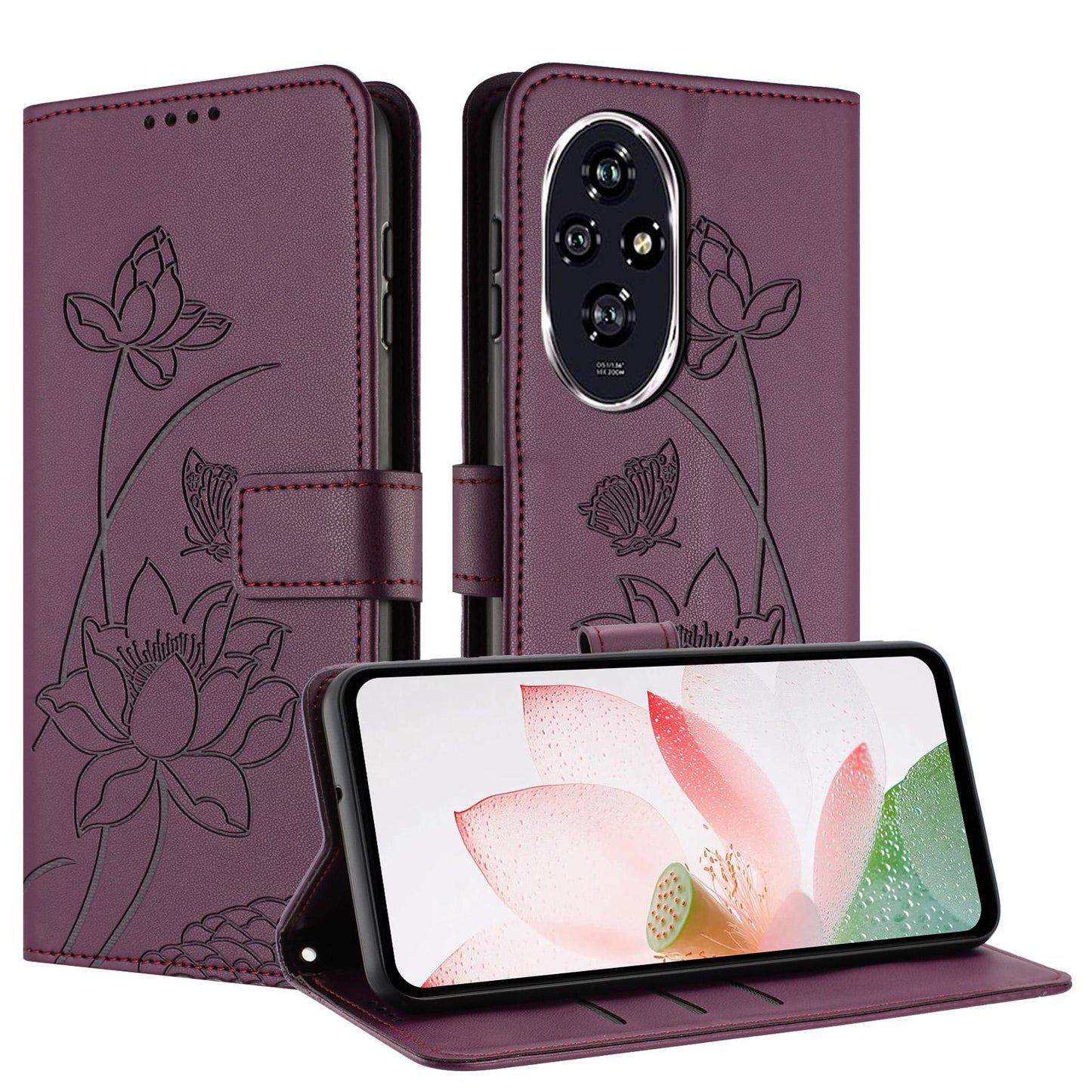 Honor 200 Lotus Embossed PU Leather Wallet Phone Case with Card Holder, Cash Pocket, Magnetic Flip Stand Cover, Wrist Lanyard Strap, Shockproof TPU Protective Folio Case - Purple