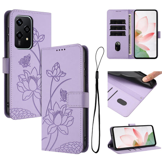 Honor 200 Lite Lotus Embossed PU Leather Wallet Phone Case with Card Holder, Cash Pocket, Magnetic Flip Stand Cover, Wrist Lanyard Strap, Shockproof TPU Protective Folio Case - Purple