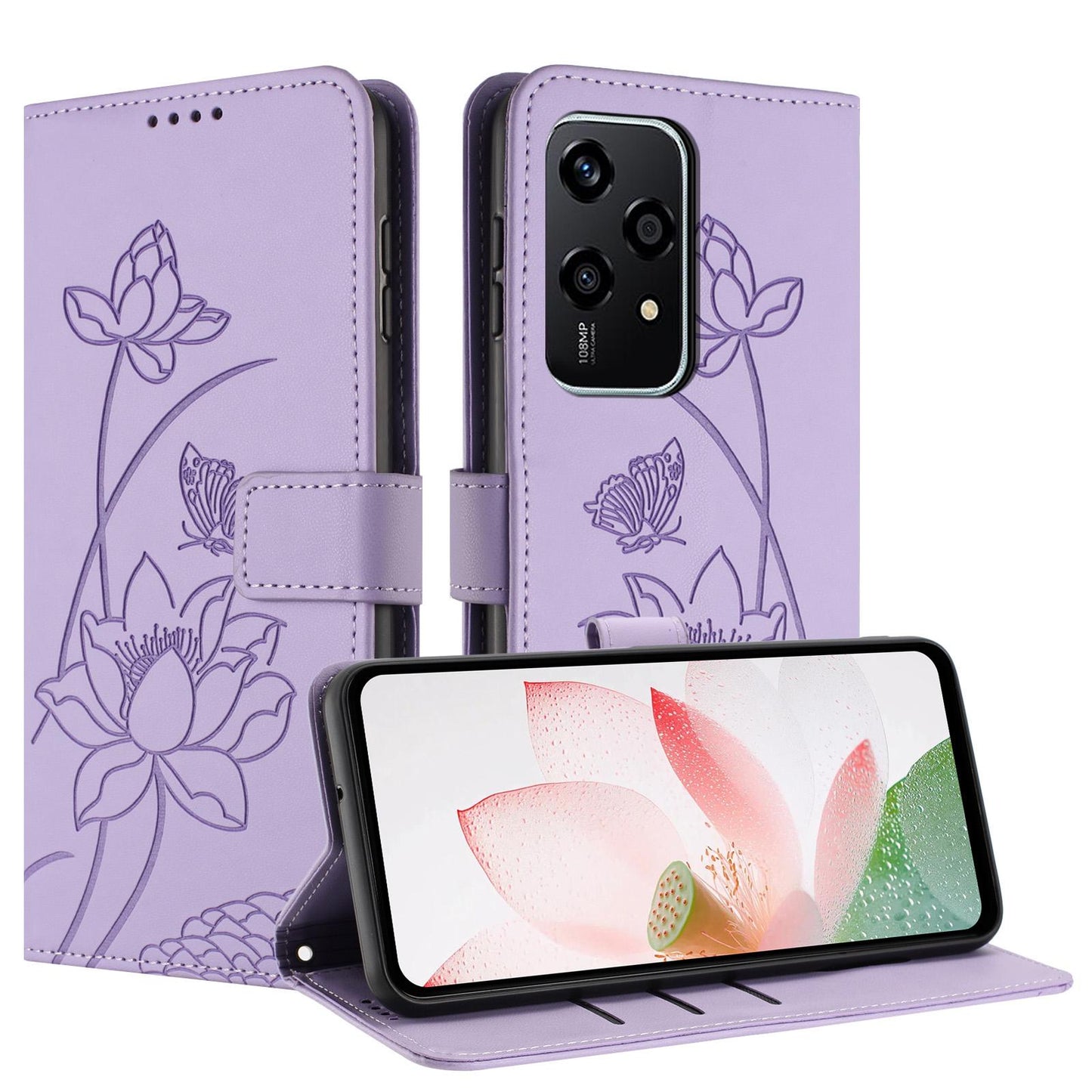 Honor 200 Lite Lotus Embossed PU Leather Wallet Phone Case with Card Holder, Cash Pocket, Magnetic Flip Stand Cover, Wrist Lanyard Strap, Shockproof TPU Protective Folio Case - Purple
