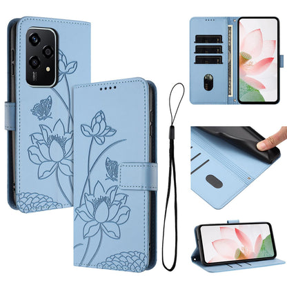 Honor 200 Lite Lotus Embossed PU Leather Wallet Phone Case with Card Holder, Cash Pocket, Magnetic Flip Stand Cover, Wrist Lanyard Strap, Shockproof TPU Protective Folio Case - Purple