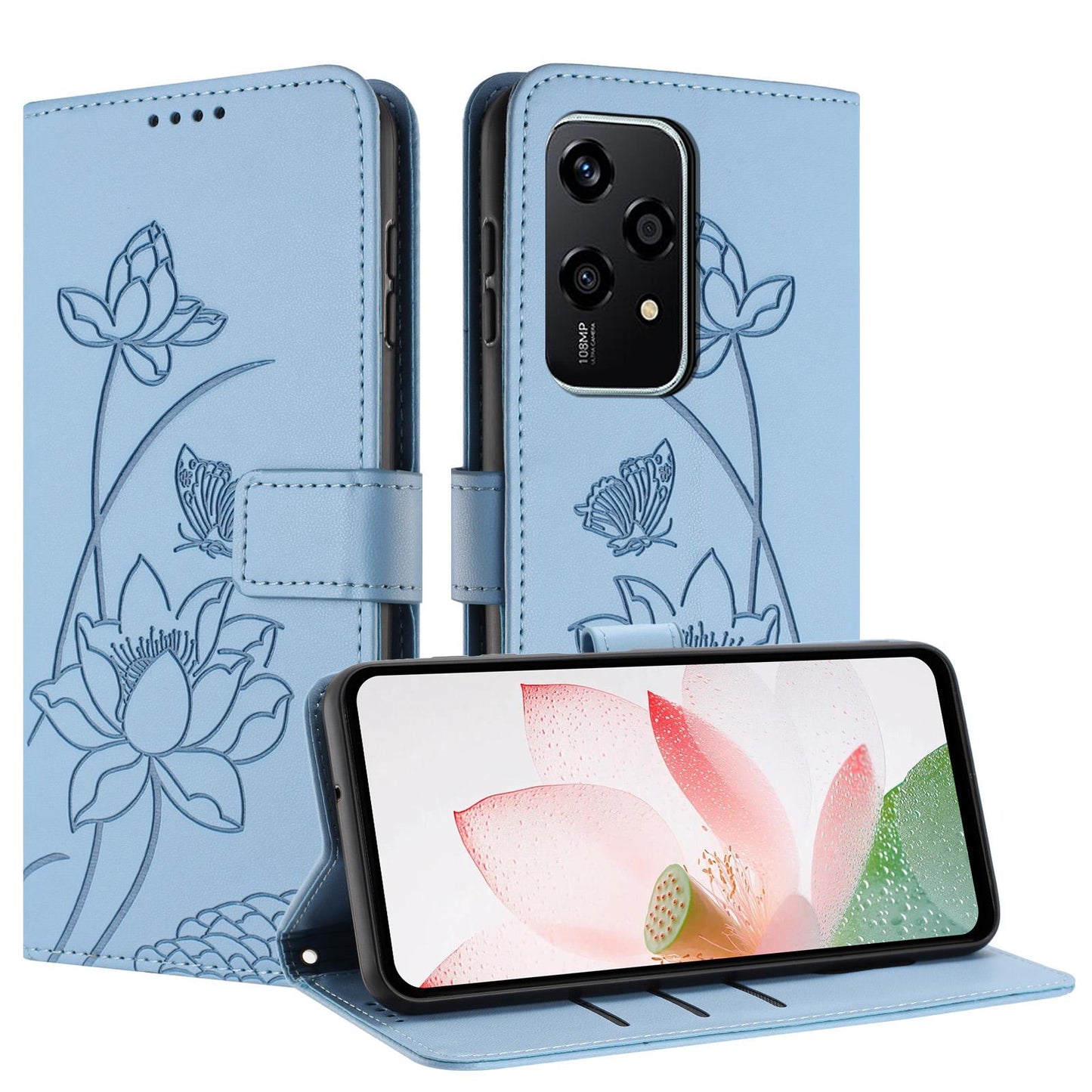 Honor 200 Lite Lotus Embossed PU Leather Wallet Phone Case with Card Holder, Cash Pocket, Magnetic Flip Stand Cover, Wrist Lanyard Strap, Shockproof TPU Protective Folio Case - Purple