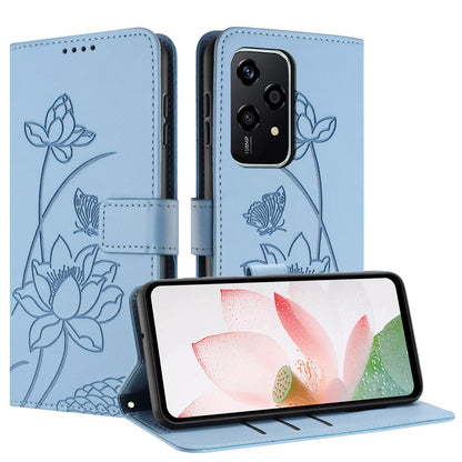Honor 200 Lite Lotus Embossed PU Leather Wallet Phone Case with Card Holder, Cash Pocket, Magnetic Flip Stand Cover, Wrist Lanyard Strap, Shockproof TPU Protective Folio Case - Purple