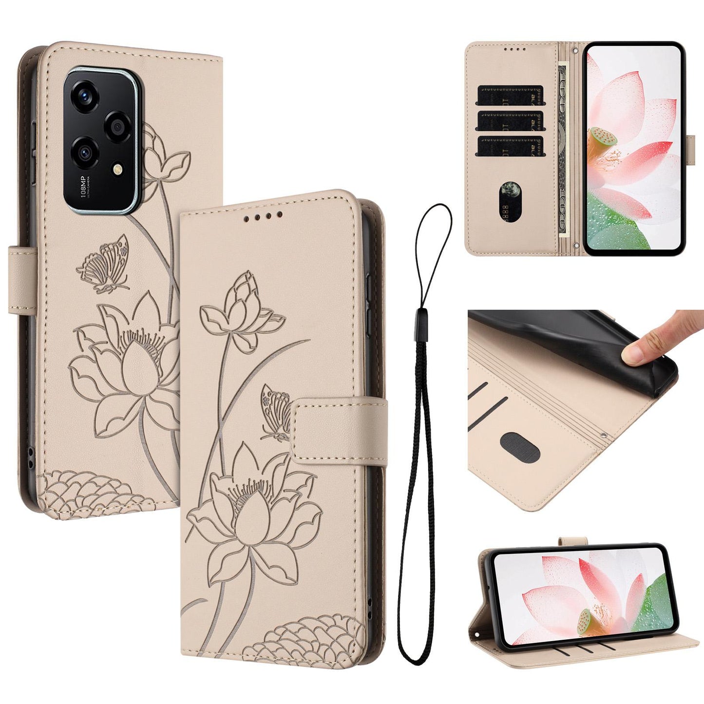 Honor 200 Lite Lotus Embossed PU Leather Wallet Phone Case with Card Holder, Cash Pocket, Magnetic Flip Stand Cover, Wrist Lanyard Strap, Shockproof TPU Protective Folio Case - Purple