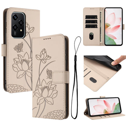 Honor 200 Lite Lotus Embossed PU Leather Wallet Phone Case with Card Holder, Cash Pocket, Magnetic Flip Stand Cover, Wrist Lanyard Strap, Shockproof TPU Protective Folio Case - Purple