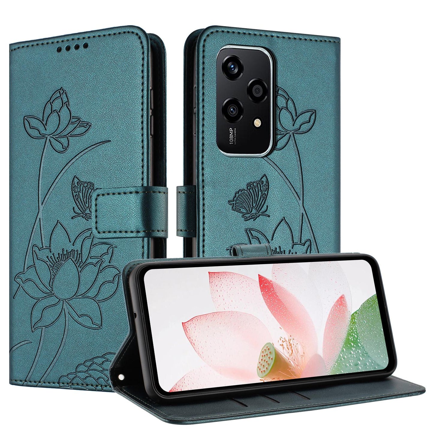 Honor 200 Lite Lotus Embossed PU Leather Wallet Phone Case with Card Holder, Cash Pocket, Magnetic Flip Stand Cover, Wrist Lanyard Strap, Shockproof TPU Protective Folio Case - Purple