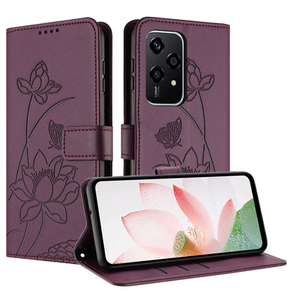 Honor 200 Lite Lotus Embossed PU Leather Wallet Phone Case with Card Holder, Cash Pocket, Magnetic Flip Stand Cover, Wrist Lanyard Strap, Shockproof TPU Protective Folio Case - Purple