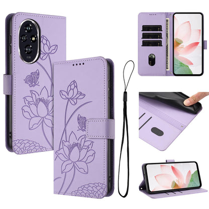 Honor 200 Pro Lotus Embossed PU Leather Wallet Phone Case with Card Holder, Cash Pocket, Magnetic Flip Stand Cover, Wrist Lanyard Strap, Shockproof TPU Protective Folio Case - Purple