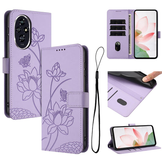 Honor 200 Pro Lotus Embossed PU Leather Wallet Phone Case with Card Holder, Cash Pocket, Magnetic Flip Stand Cover, Wrist Lanyard Strap, Shockproof TPU Protective Folio Case - Purple