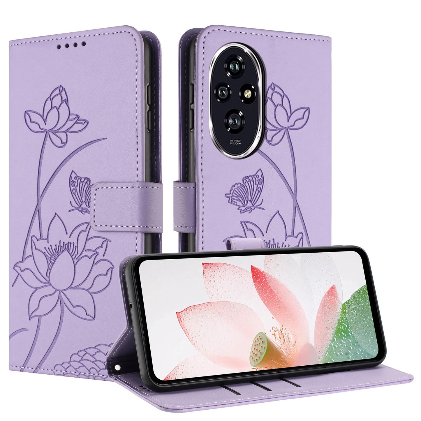 Honor 200 Pro Lotus Embossed PU Leather Wallet Phone Case with Card Holder, Cash Pocket, Magnetic Flip Stand Cover, Wrist Lanyard Strap, Shockproof TPU Protective Folio Case - Purple