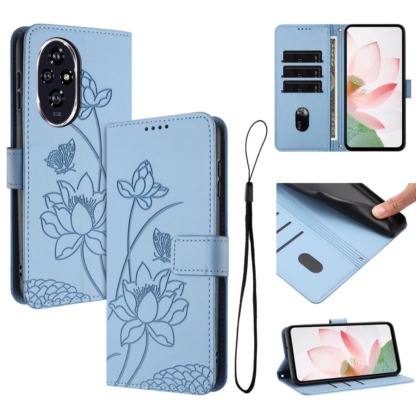 Honor 200 Pro Lotus Embossed PU Leather Wallet Phone Case with Card Holder, Cash Pocket, Magnetic Flip Stand Cover, Wrist Lanyard Strap, Shockproof TPU Protective Folio Case - Purple