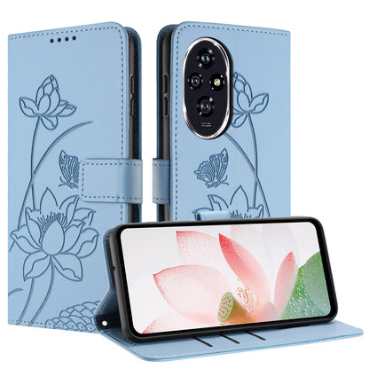 Honor 200 Pro Lotus Embossed PU Leather Wallet Phone Case with Card Holder, Cash Pocket, Magnetic Flip Stand Cover, Wrist Lanyard Strap, Shockproof TPU Protective Folio Case - Purple