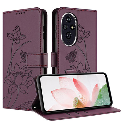 Honor 200 Pro Lotus Embossed PU Leather Wallet Phone Case with Card Holder, Cash Pocket, Magnetic Flip Stand Cover, Wrist Lanyard Strap, Shockproof TPU Protective Folio Case - Purple