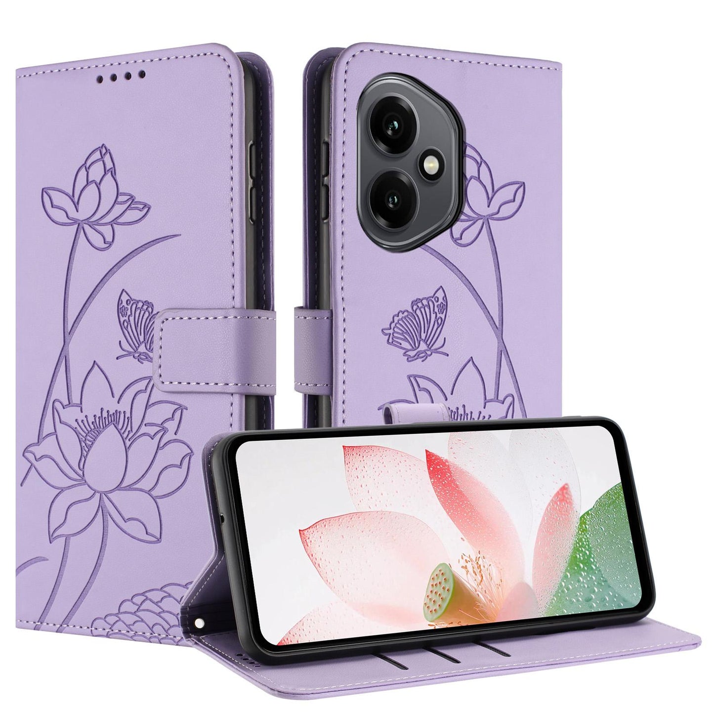 Honor 400 156.5mm Lotus Embossed PU Leather Wallet Phone Case with Card Holder, Cash Pocket, Magnetic Flip Stand Cover, Wrist Lanyard Strap, Shockproof TPU Protective Folio Case - Purple